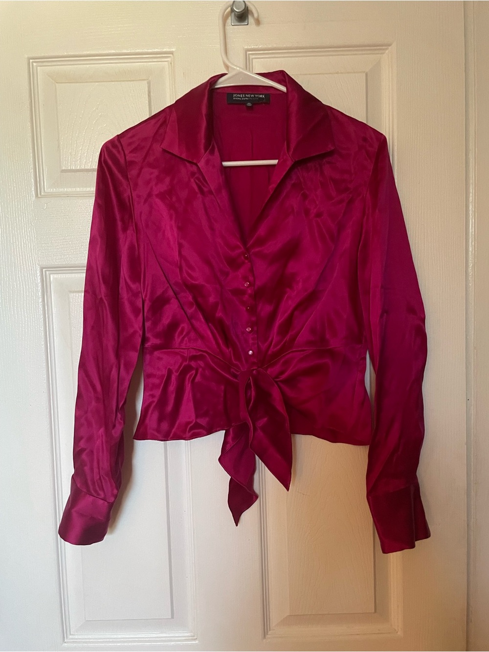 Silk Too Blouse Jones New York Fuchsia Satin Tie-Front sz SP